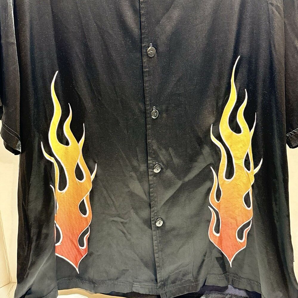 VTG Serious Clothing LA Y2K Flame Panel Bowling Shirt XL Mall Goth Hot Rod Satin - Picture 3 of 9